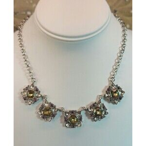 Vtg Banana Republic Silver Tone Necklace Yellow Hue Crystals Purple Clear 19"